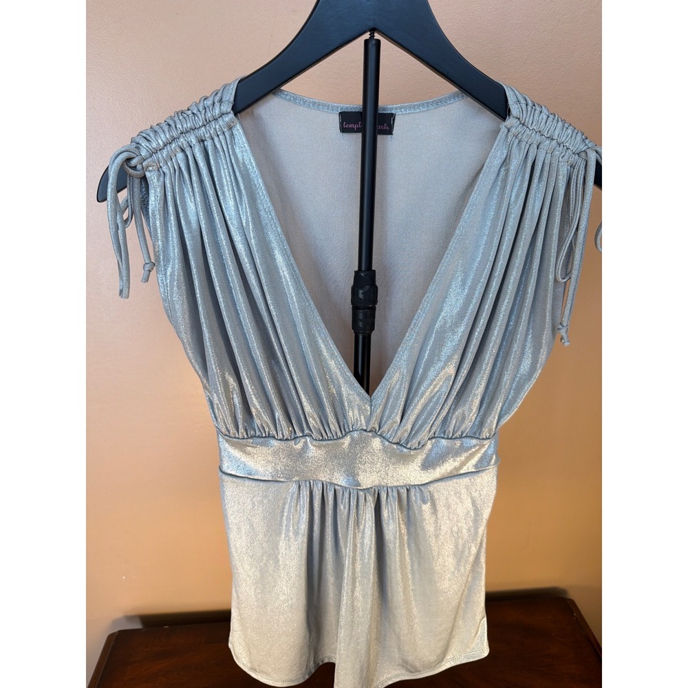 Tempted Hearts Silver Metallic Deep V-Neck Pleated Empire Waist Tie Shoulder Top